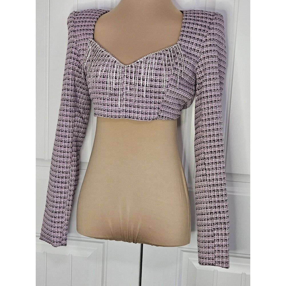 Bershka Laced Open Back Cropped Top Rhinestone Fringe Pink Black And White Tweed